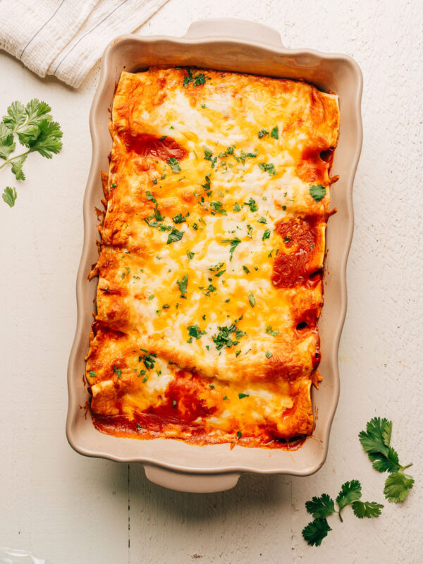 Cream Cheese Chicken Enchiladas in a baking dish.