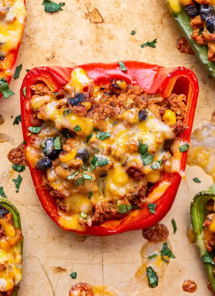 Bell peppers stuffed with leftover taco meat and cheese