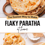 flaky paratha on a wooden chopping board