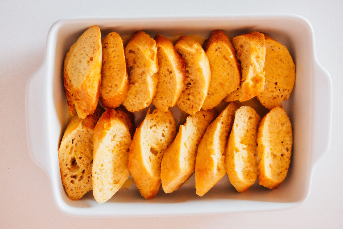 Steps of making french toast bake. 