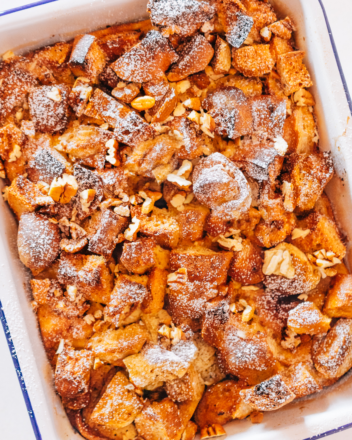 Overnight French toast casserole in a baking dish.