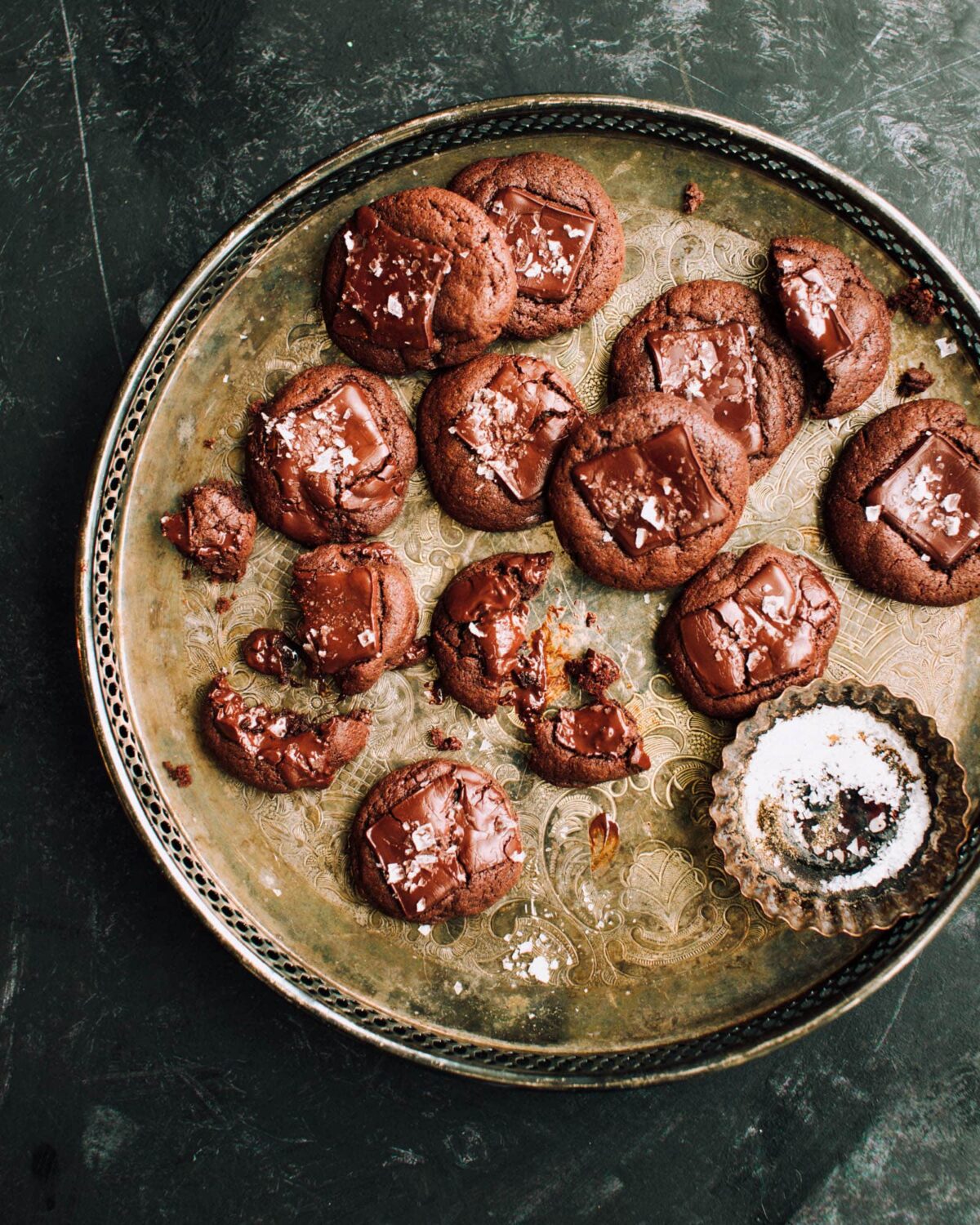 Brownie Cookies on a tray with sea salt.