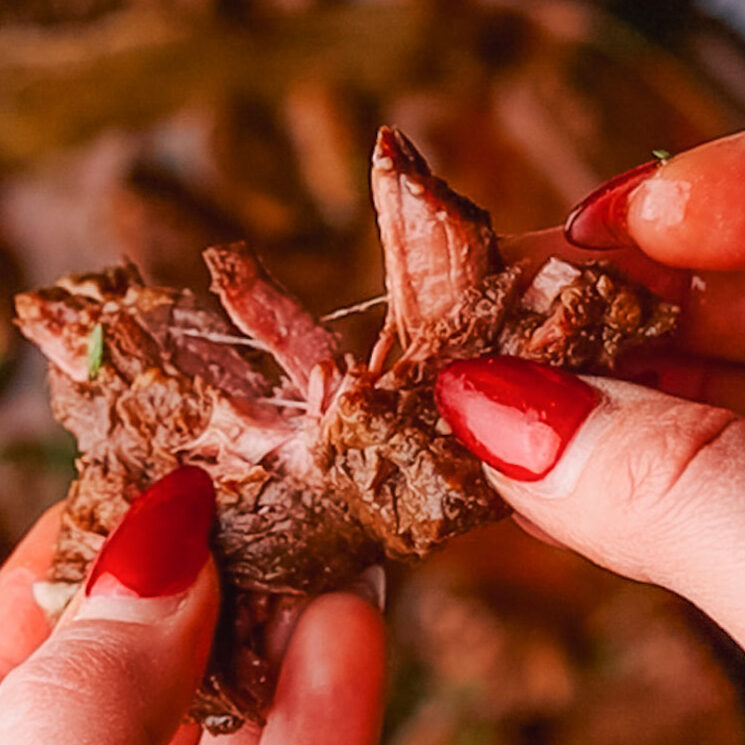 Tender cube of beef being pulled apart with fingers.