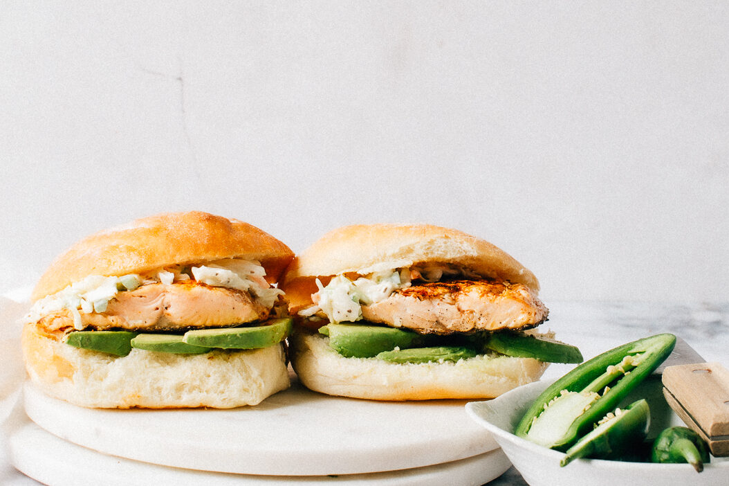 Salmon Burgers with Dill Sauce.