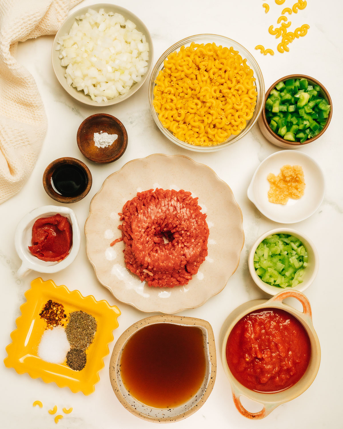 American Chop Suey Ingredients on the counter.