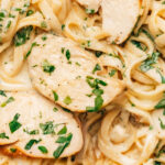 Chicken alfredo recipe close-up shot.