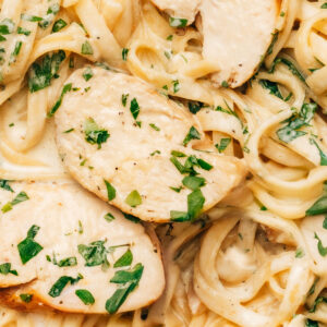 Chicken alfredo recipe close-up shot.