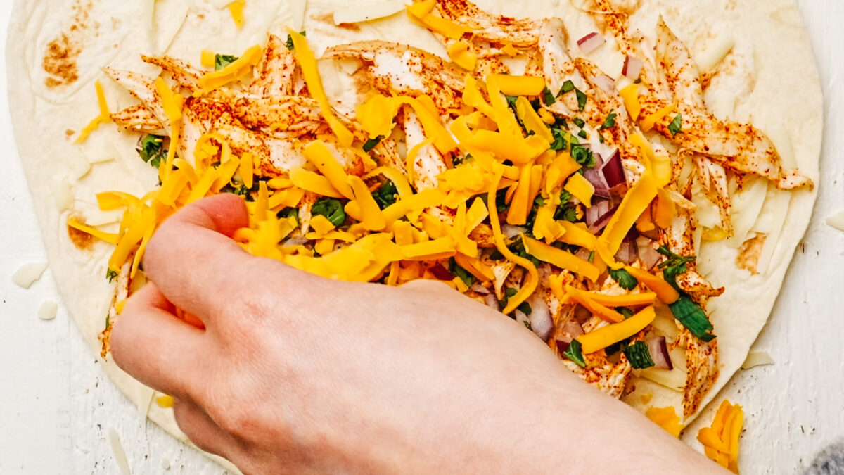 Assembling chicken quesadilla with cheese, chicken, onion, and cilantro on a tortilla.
