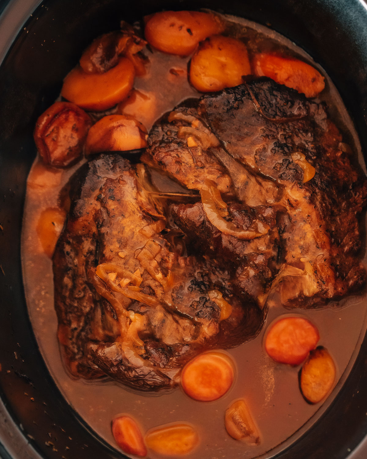 Steps for making chuck roast in crock pot. 