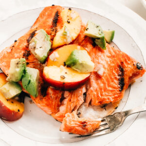 Grilled Salmon topped with Avocado Salsa.