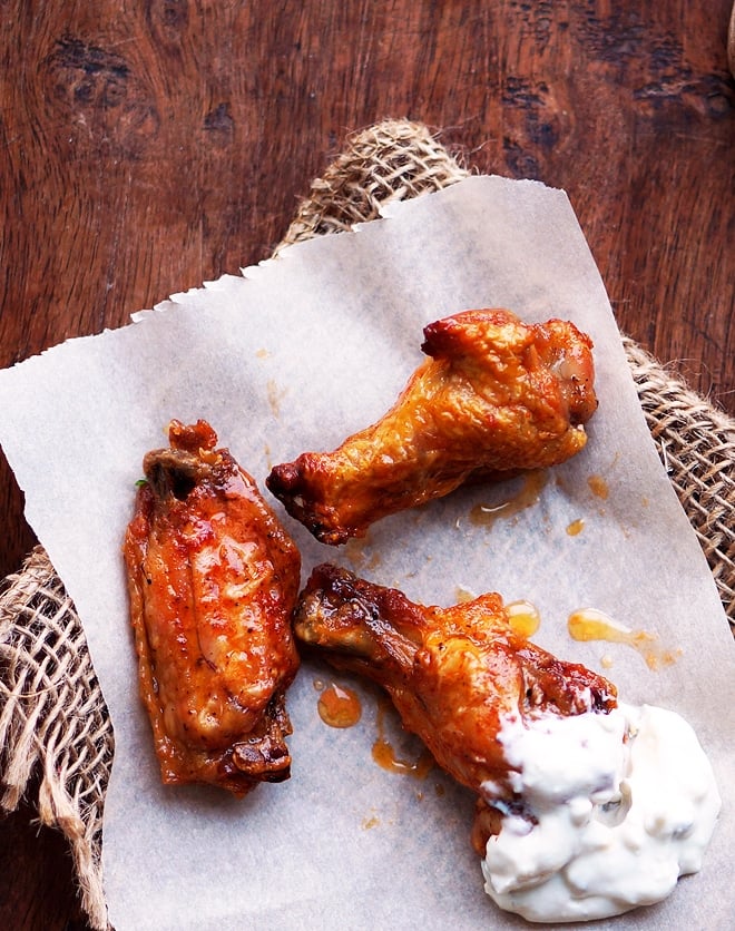 Crispy baked buffalo chicken wings.