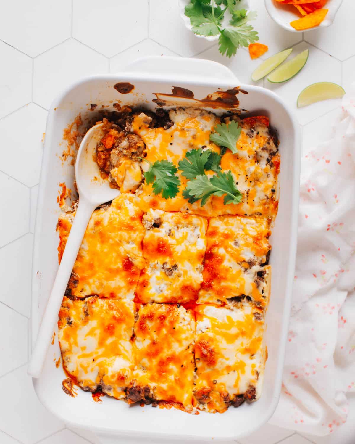 Walking taco casserole in a baking dish.