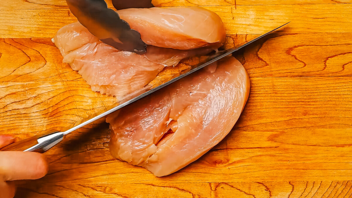 cut the chicken breast in into 1/4" thick pieces before pounding for chicken schnitzel.