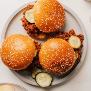 Easy sloppy joes recipe in buns on a plate.