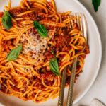 Crockpot Spaghetti recipe with ground beef close-up showing rich meat sauce