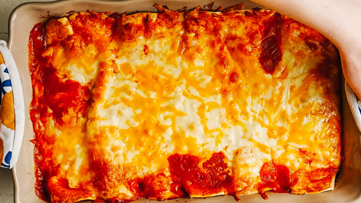 Finished pan of cream cheese chicken enchilada.