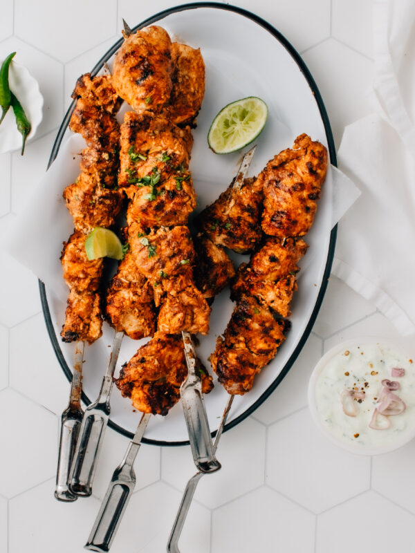 Tandoori Turkey Kebabs with cucumber raita.