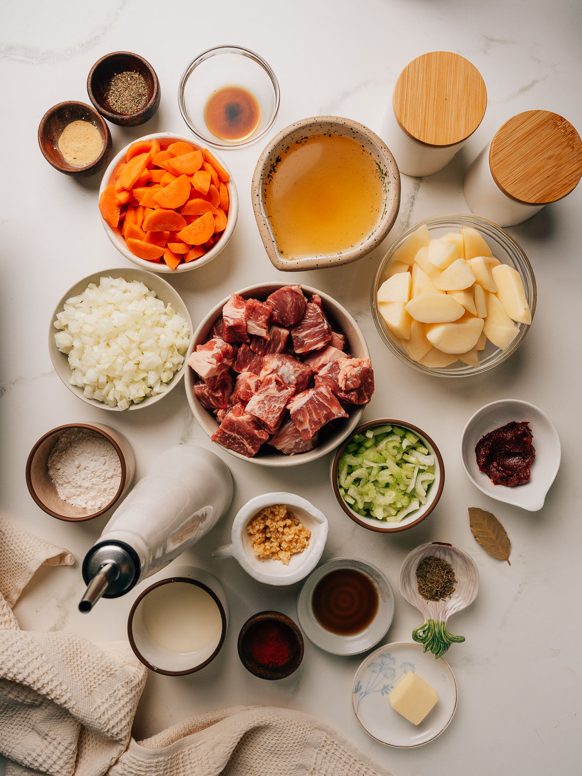 Pork Stew recipe ingredients on the counter.