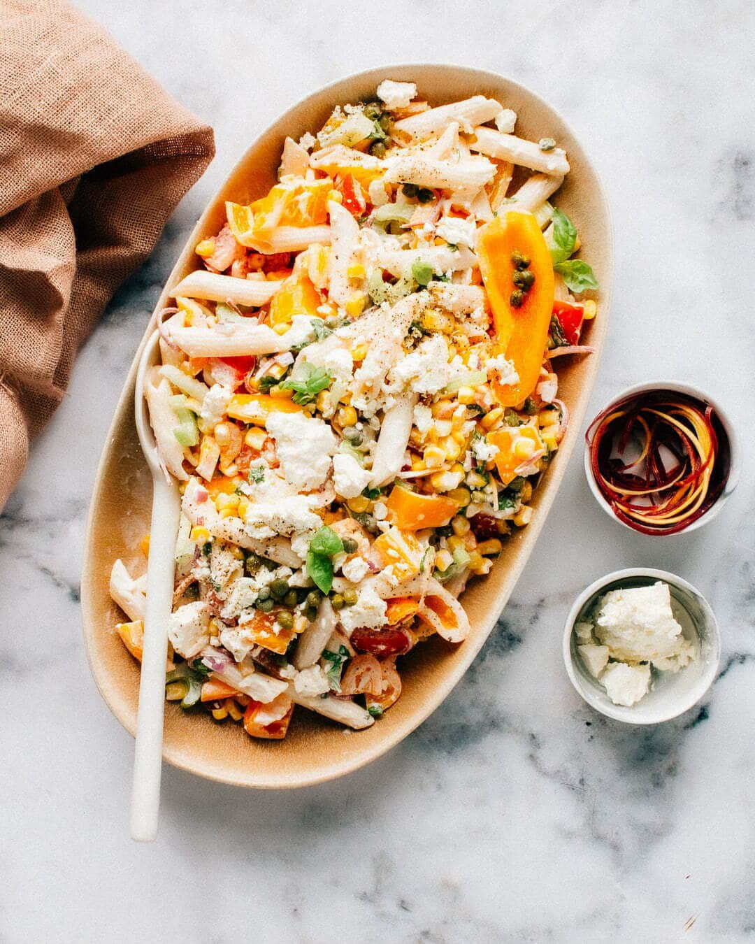 Healthy Greek Pasta Salad with Creamy Feta Dressing