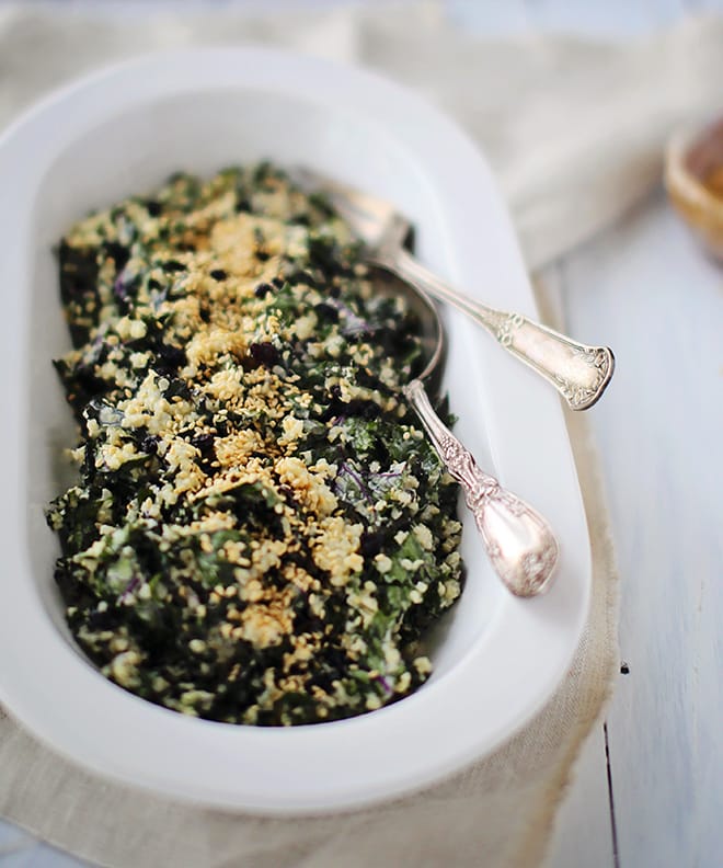 Shredded Kale and Quinoa Salad with Creamy Tahini Dressing