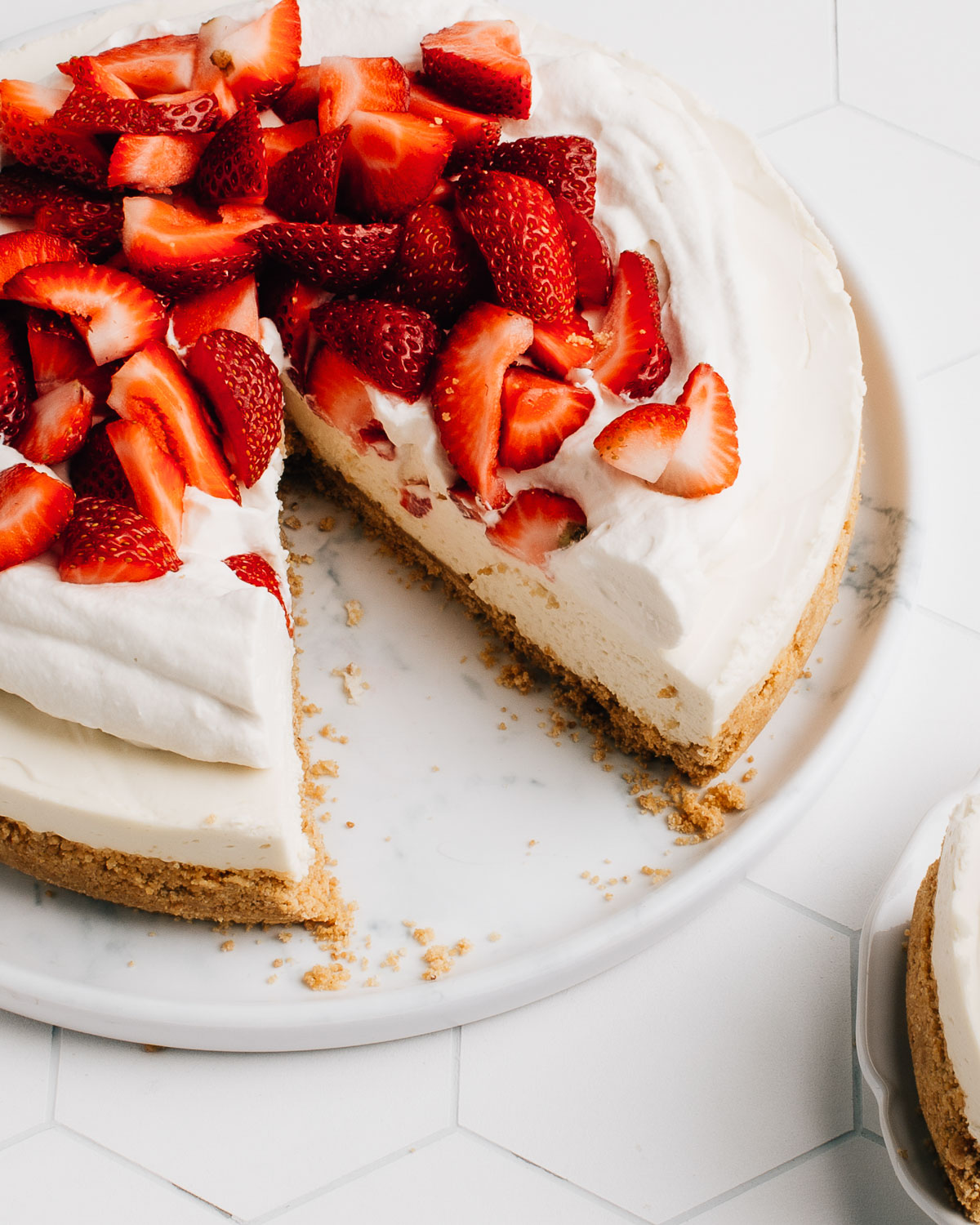 No-bake strawberry cheesecake on a plate.