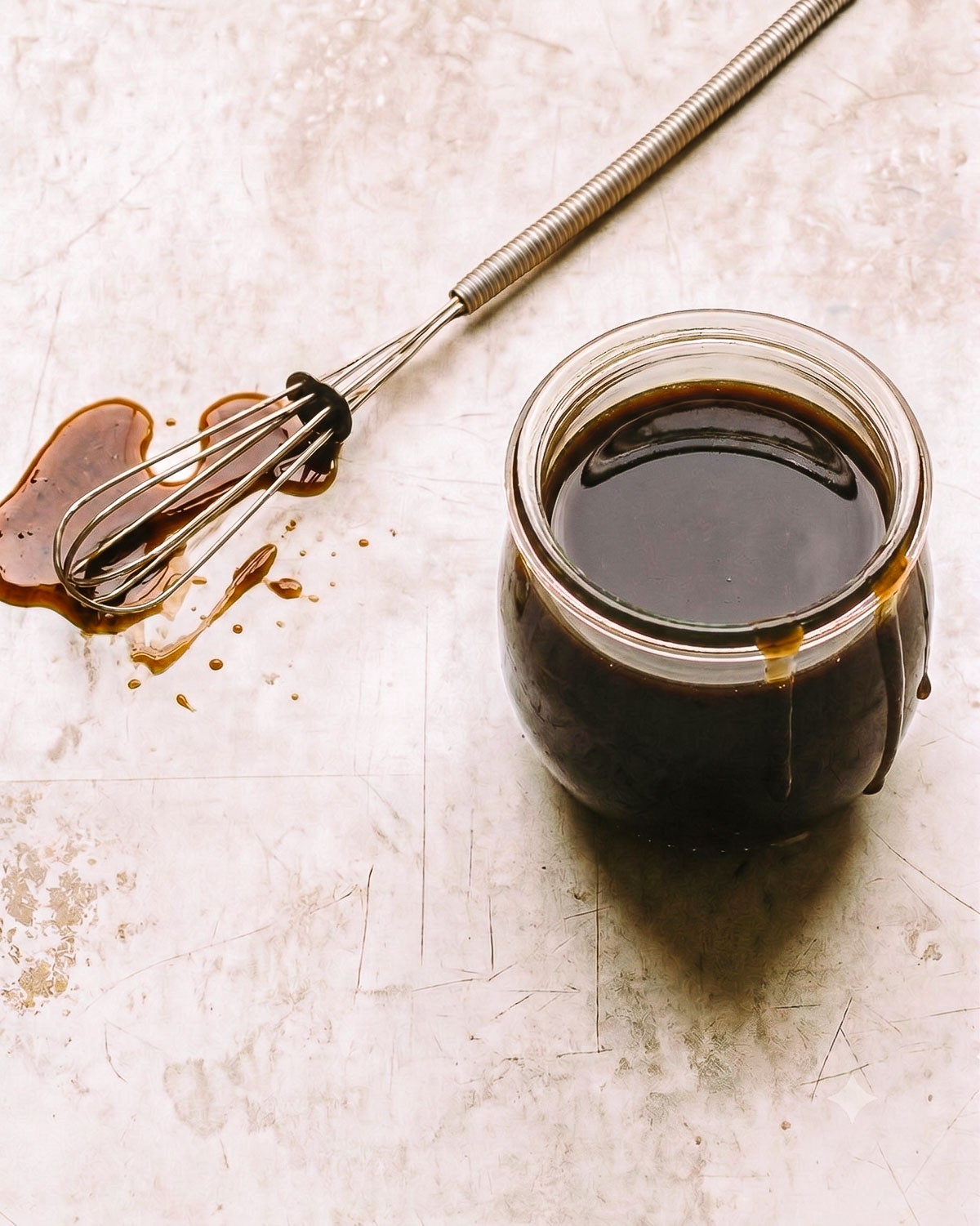 Homemade balsamic vinaigrette dressing in a jar.