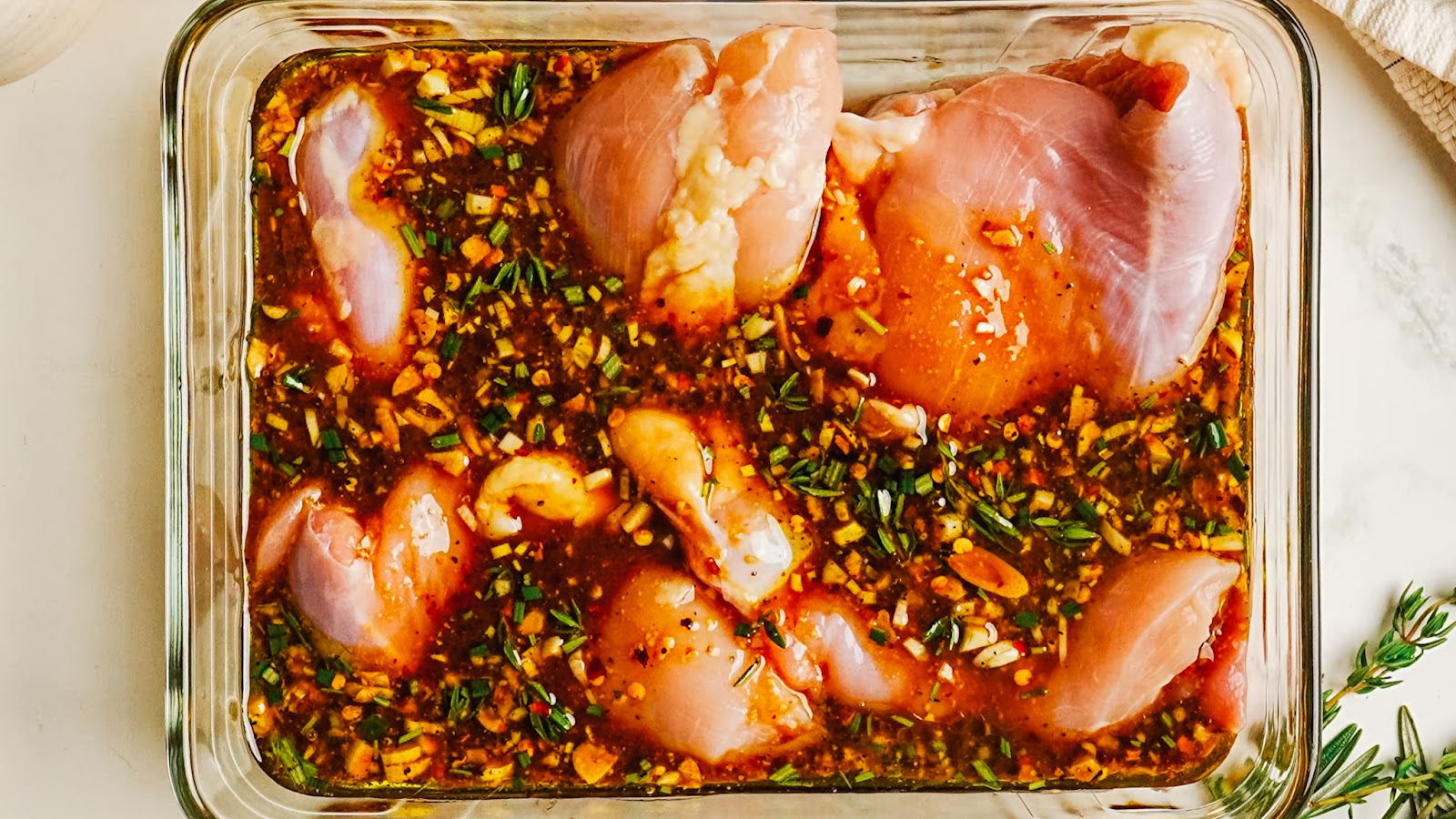 Raw chicken thighs marinating in balsamic marinade in a dish.