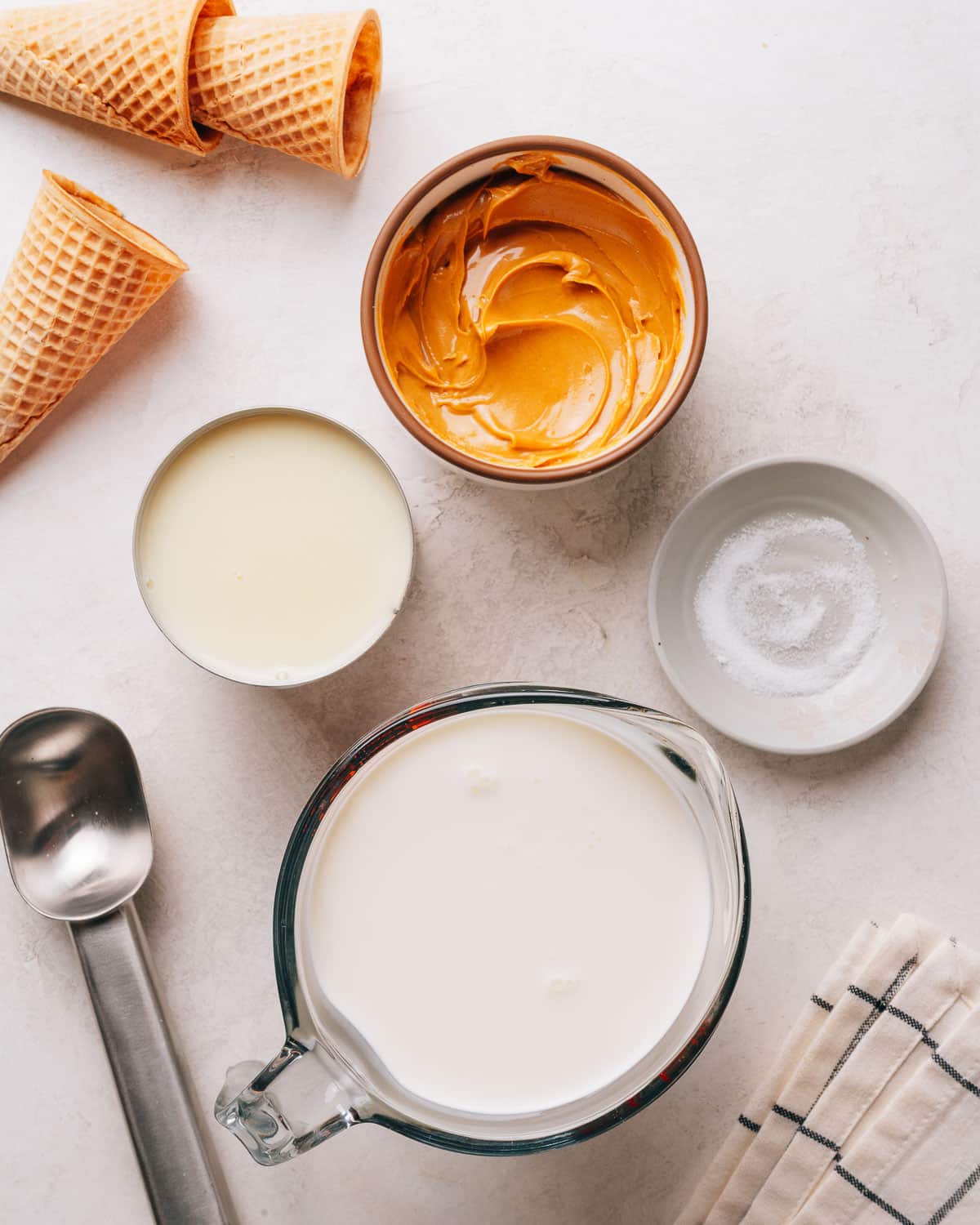 Ingredients for making peanut butter ice cream recipe.