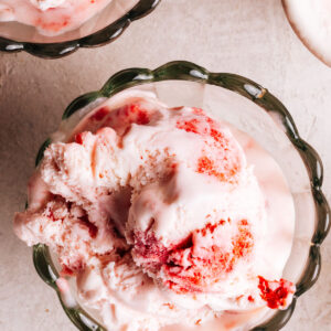 No Churn Strawberry Ice cream recipe scooped into bowls.