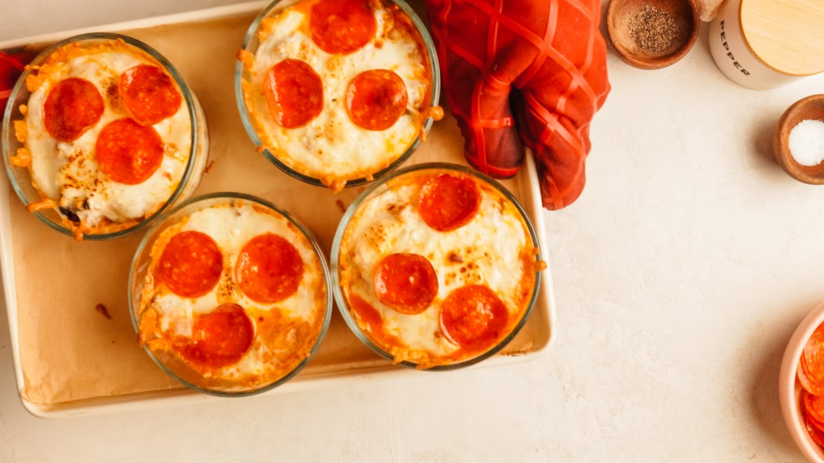 Step 4: baked pizza bowls with bubbly golden cheese and crisp pepperoni.